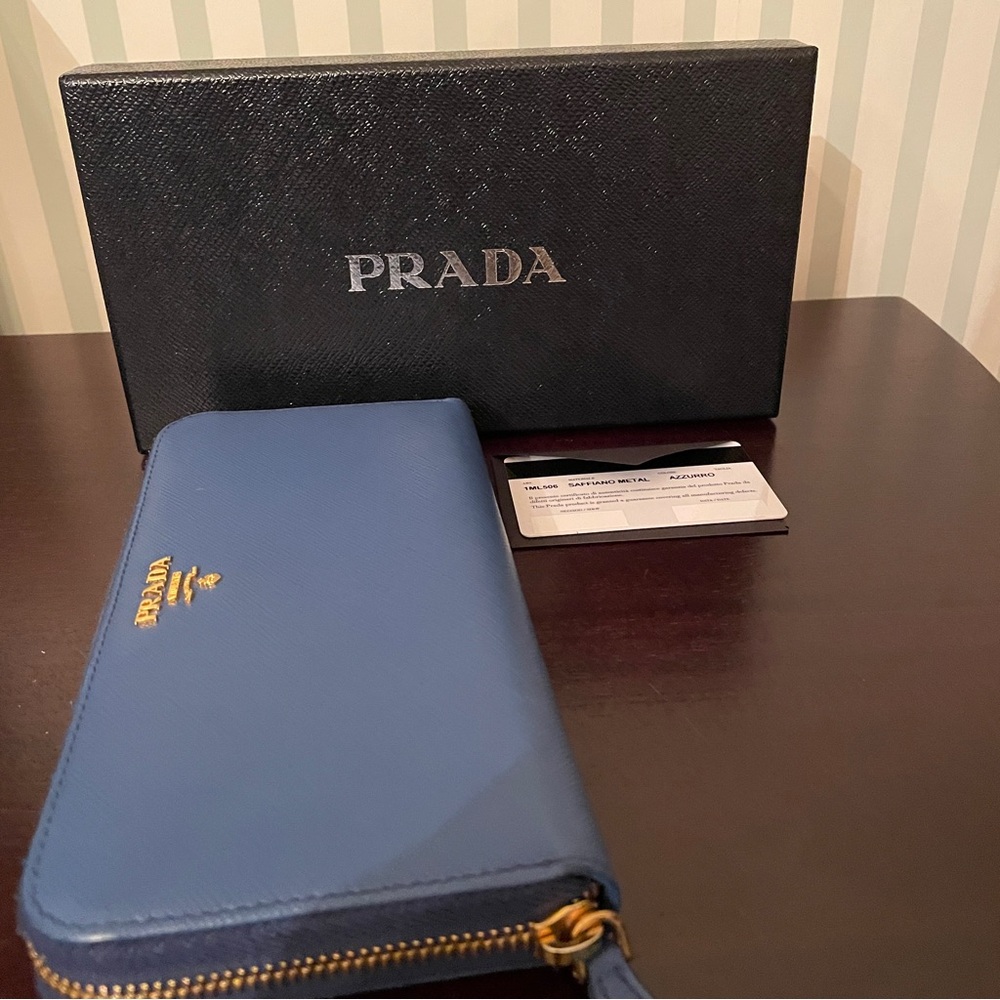 Prada Saffiano Leather Wallet in Blue Box, Tissue and Card - Picture 13 of 15